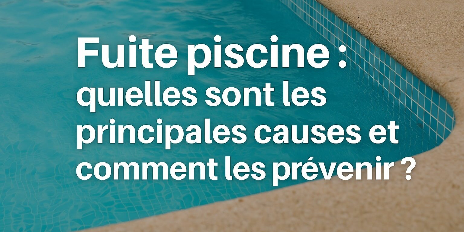 Image avec une piscine vue de dessus et texte superposé : « Fuite piscine : causes et prévention » – créée par ASD Canalisation.