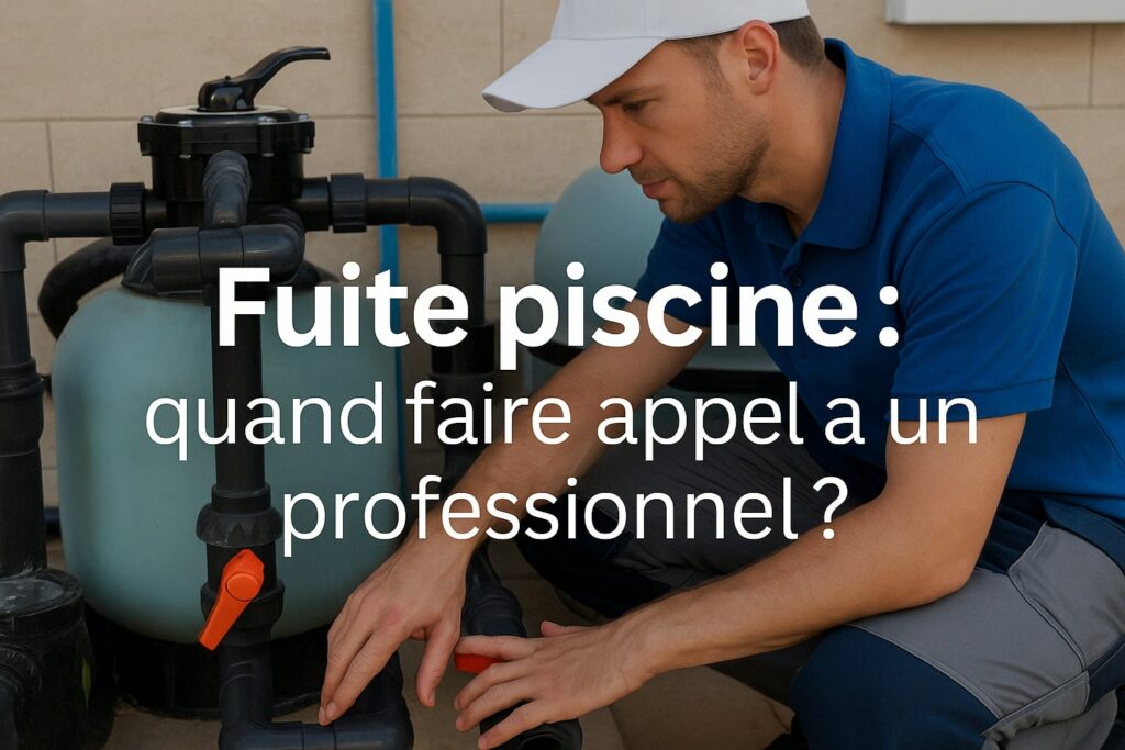 Technicien piscine en intervention avec texte superposé : « Fuite piscine : quand faire appel à un professionnel ? » – image illustrant un article de ASD Canalisation.