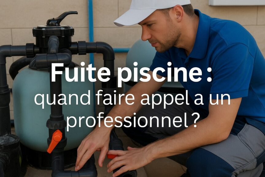 fuite piscine quand faire appel à un professionnel visuel asd canalisation Technicien piscine en intervention avec texte superposé : « Fuite piscine : quand faire appel à un professionnel ? » – image illustrant un article de ASD Canalisation.