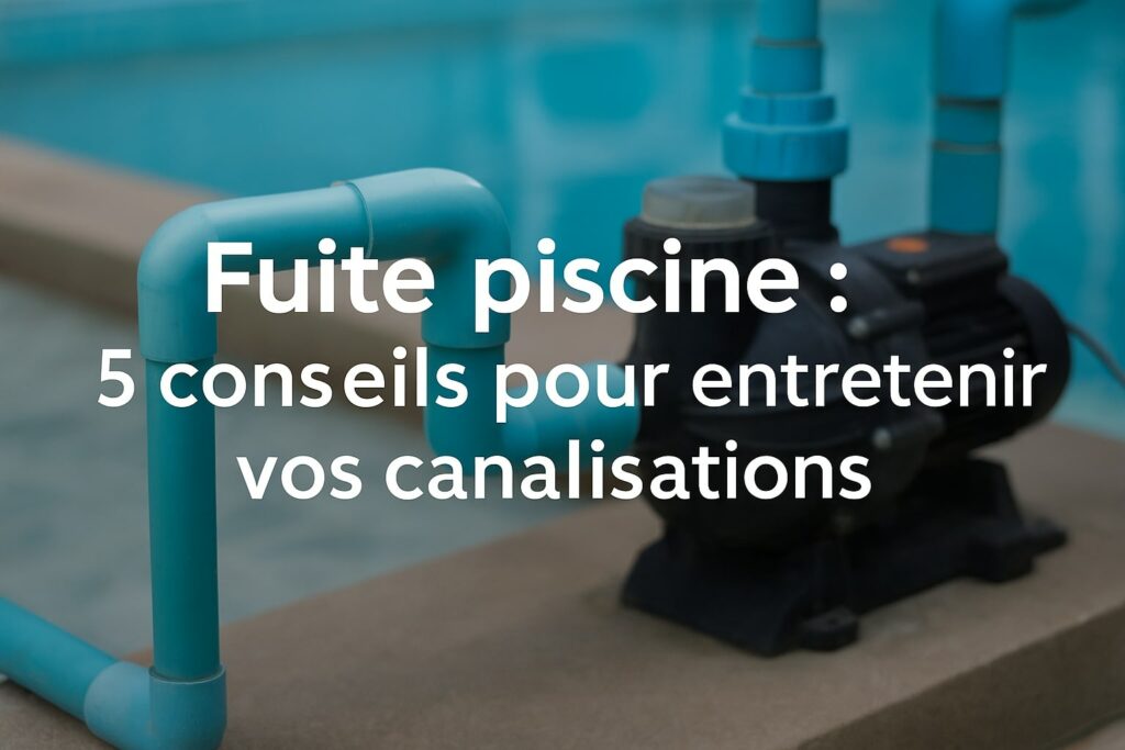 Technicien près d’une piscine avec le texte : « Fuite piscine : 5 conseils pour entretenir vos canalisations » – image à la une de l’article ASD Canalisation.