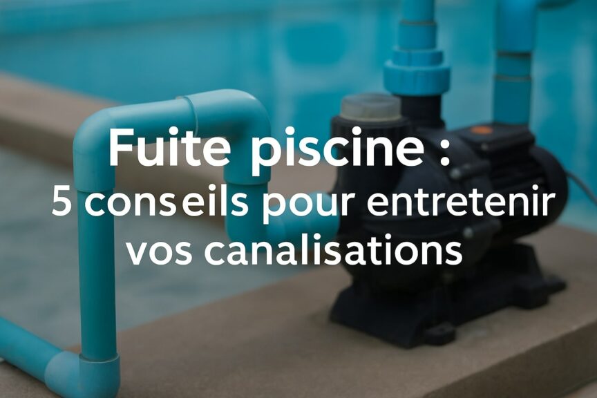 fuite piscine 5 conseils pour entretenir vos canalisations Technicien près d’une piscine avec le texte : « Fuite piscine : 5 conseils pour entretenir vos canalisations » – image à la une de l’article ASD Canalisation.