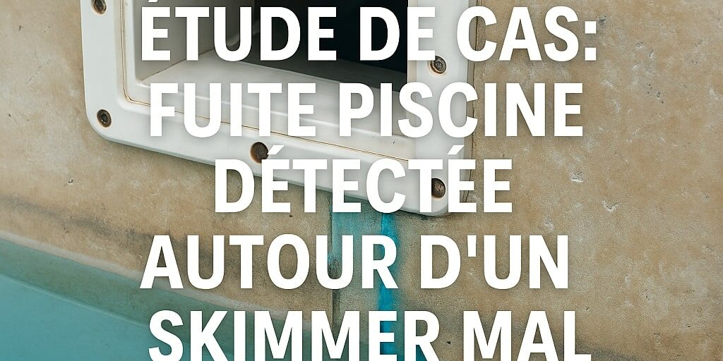 Image d’un skimmer piscine avec surimpression de texte : « Étude de cas : fuite piscine autour d’un skimmer mal installé » – ASD Canalisation.