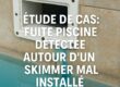 Image d’un skimmer piscine avec surimpression de texte : « Étude de cas : fuite piscine autour d’un skimmer mal installé » – ASD Canalisation.