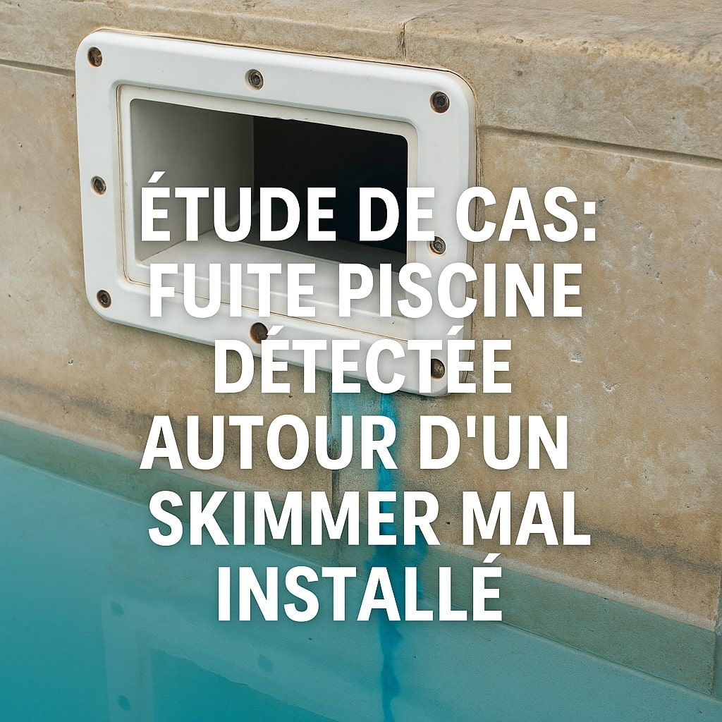Image d’un skimmer piscine avec surimpression de texte : « Étude de cas : fuite piscine autour d’un skimmer mal installé » – ASD Canalisation.