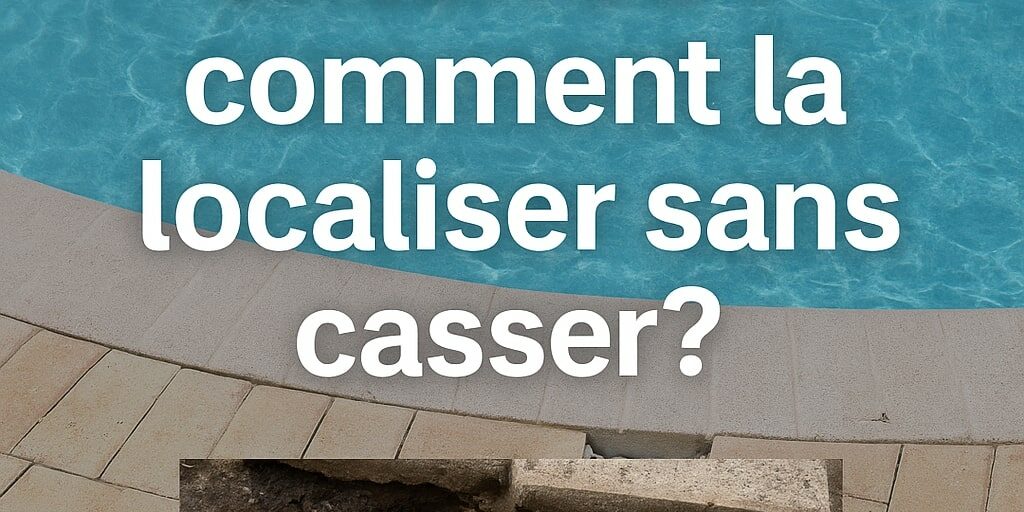 Image avec tuyau cassé sous margelle et texte : « Fuite piscine enterrée : comment la localiser sans casser ? »