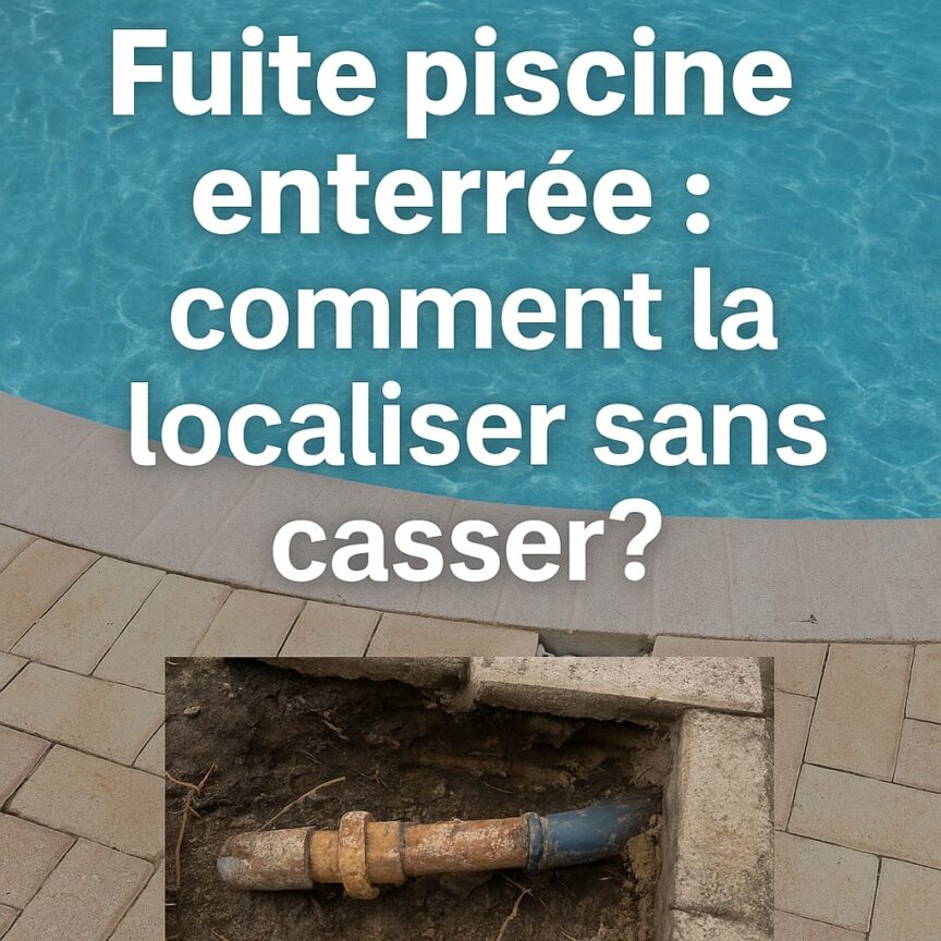 fuite piscine enterrée – comment la localiser sans casser visuel asd canalisation Image avec tuyau cassé sous margelle et texte : « Fuite piscine enterrée : comment la localiser sans casser ? »
