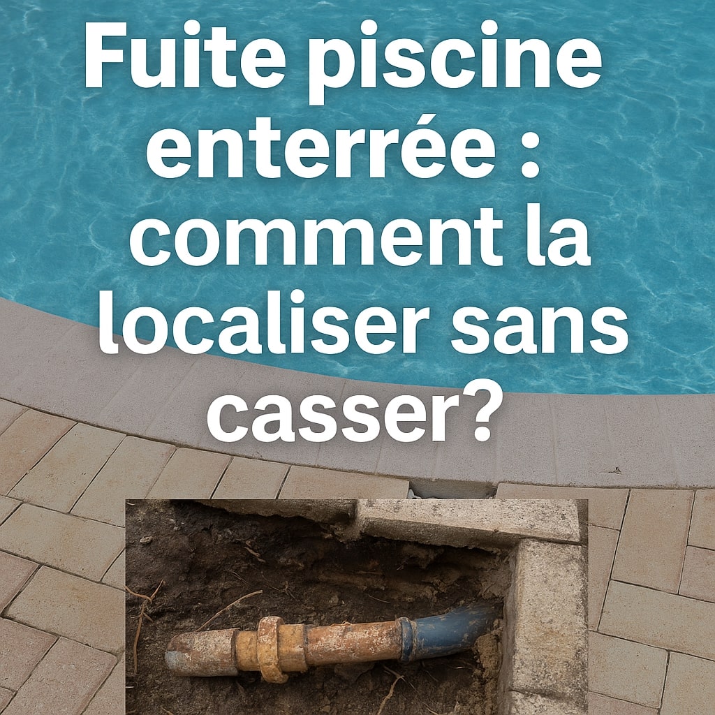 Image avec tuyau cassé sous margelle et texte : « Fuite piscine enterrée : comment la localiser sans casser ? »