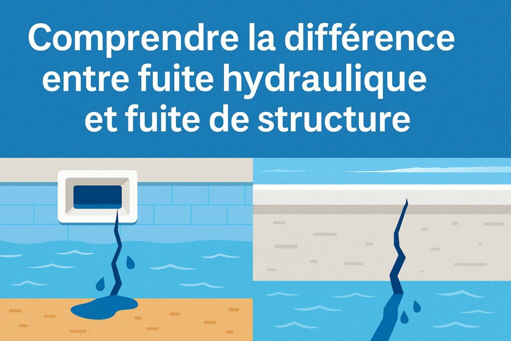 Infographie comparant fuite hydraulique et fuite de structure dans une piscine