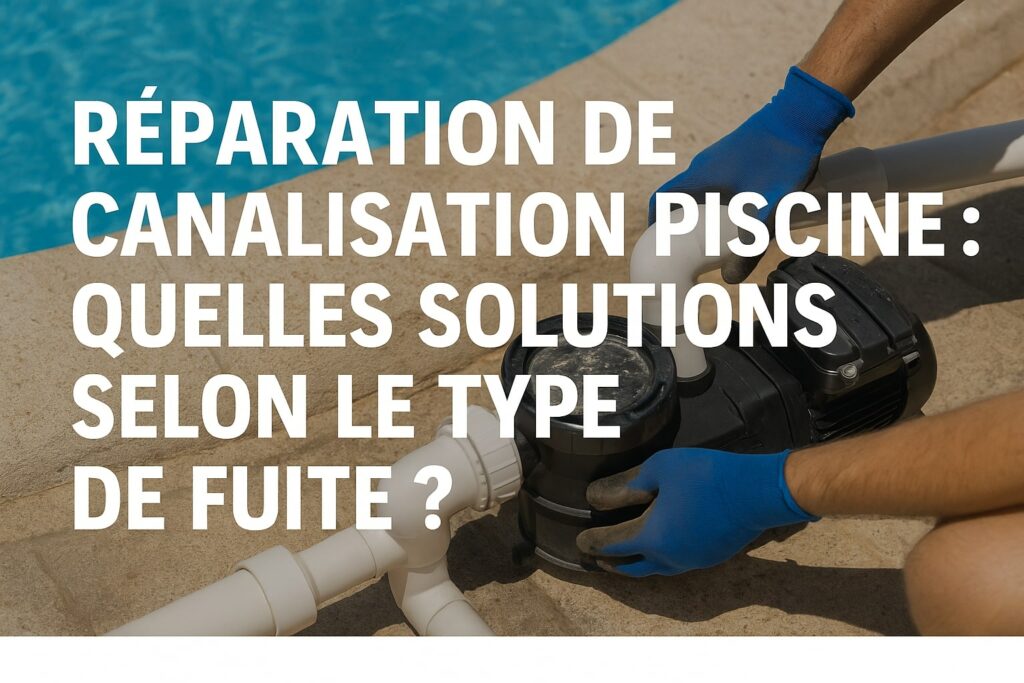 Image d’un technicien intervenant près d’une piscine avec texte en surimpression : « Réparation de canalisation piscine : quelles solutions selon le type de fuite ? »