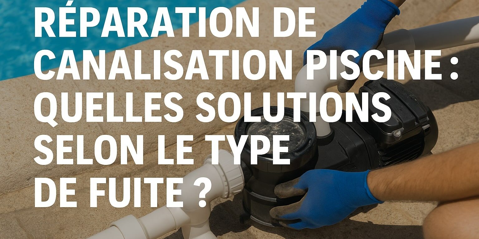 Image d’un technicien intervenant près d’une piscine avec texte en surimpression : « Réparation de canalisation piscine : quelles solutions selon le type de fuite ? »
