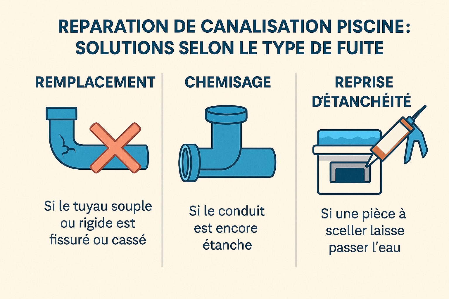 Infographie en français montrant les solutions de réparation piscine selon le type de fuite : remplacement, chemisage ou reprise d’étanchéité